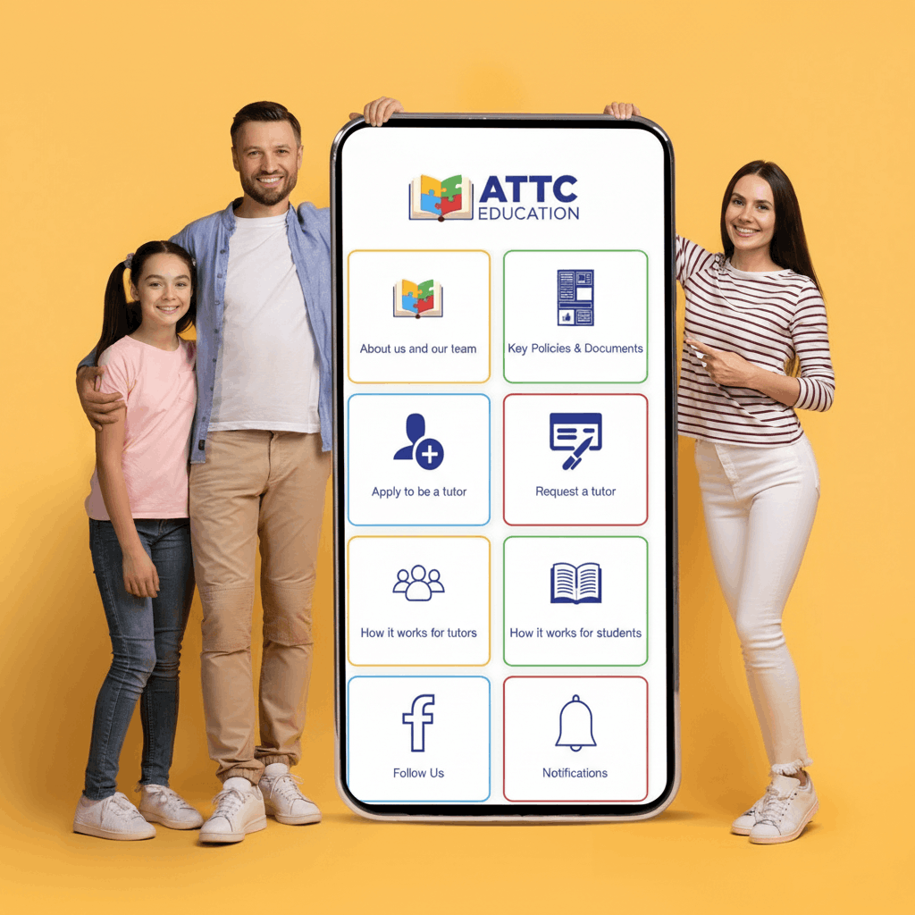 Attc Education App_V3 Mum, dad and daughter stood next to the ATTC Education App with the tiles showing.