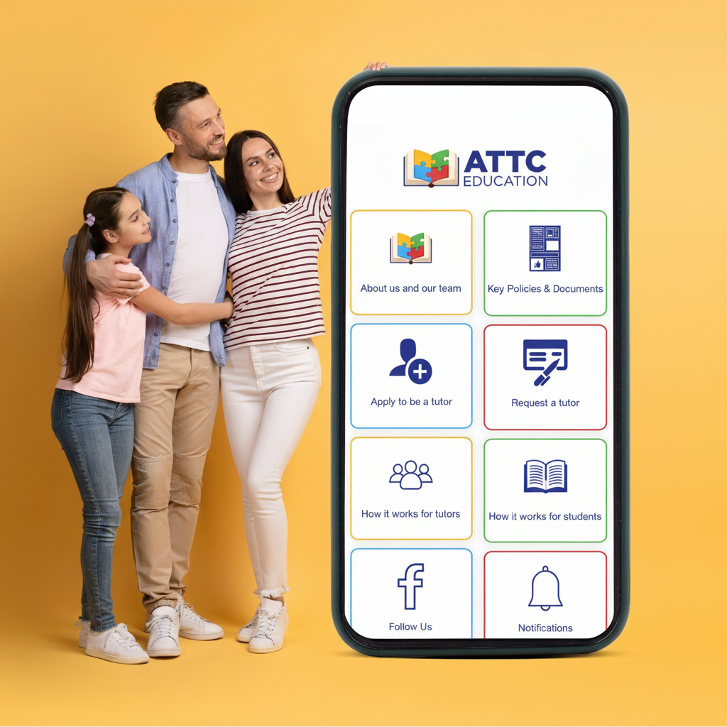 A mum and dad with daughter looking at a large mobile phone with the ATTC Education app on the screen.